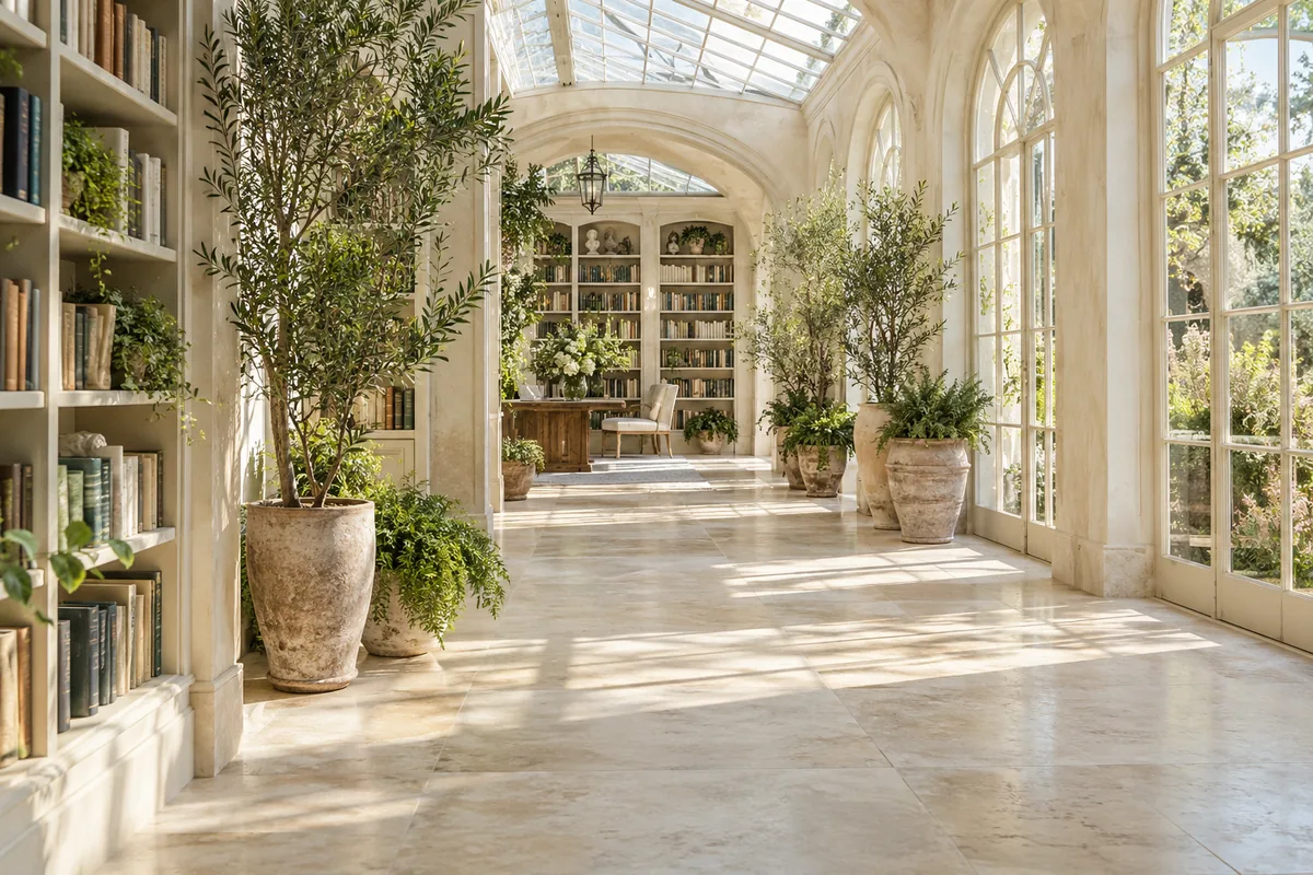 Reading chair removed from the foreground of a sunlit greenhouse library