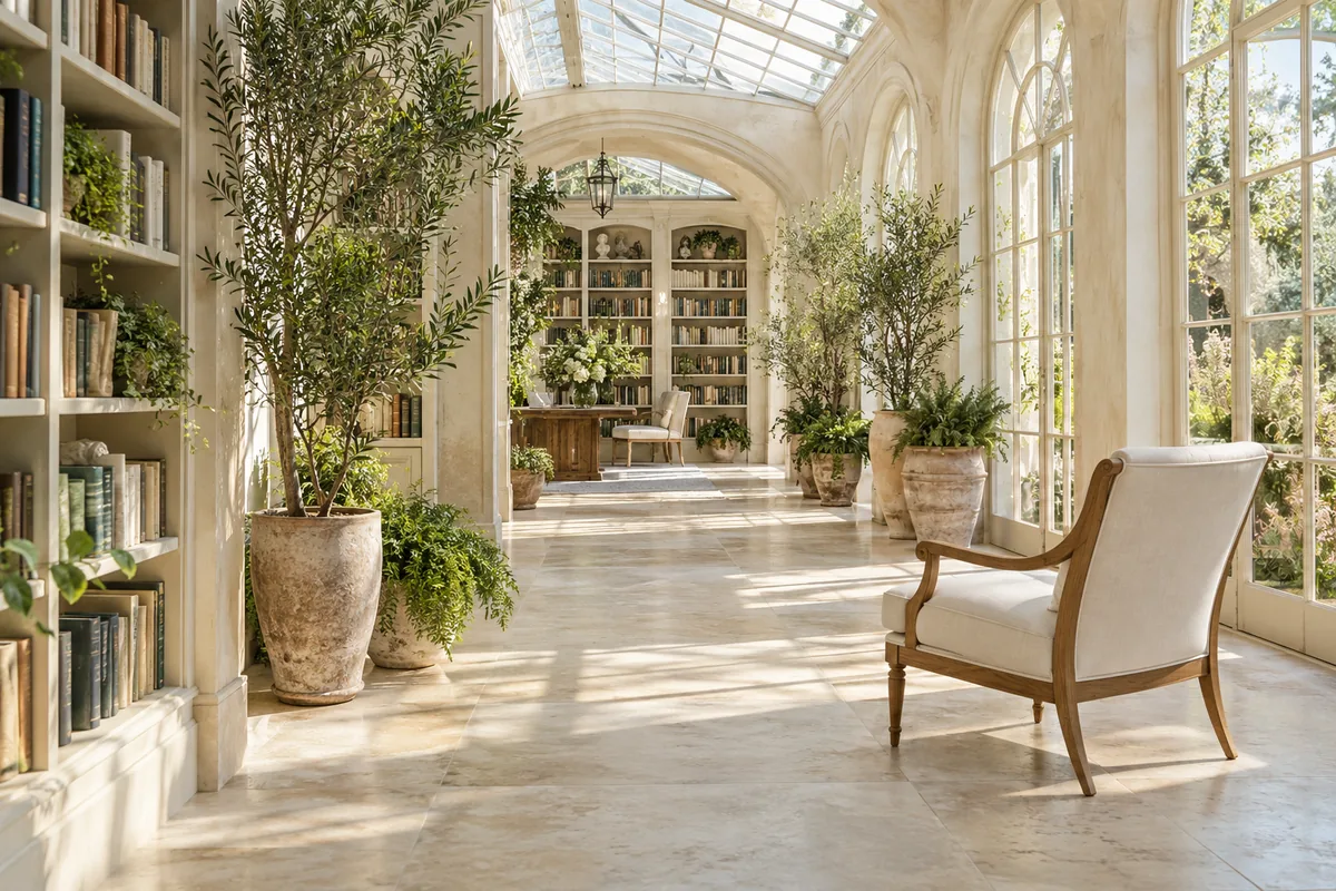 Reading chair removed from the foreground of a sunlit greenhouse library