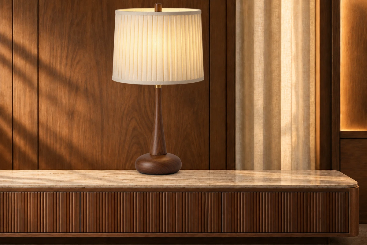 Same warm walnut table lamp against plain studio and premium interior backdrops