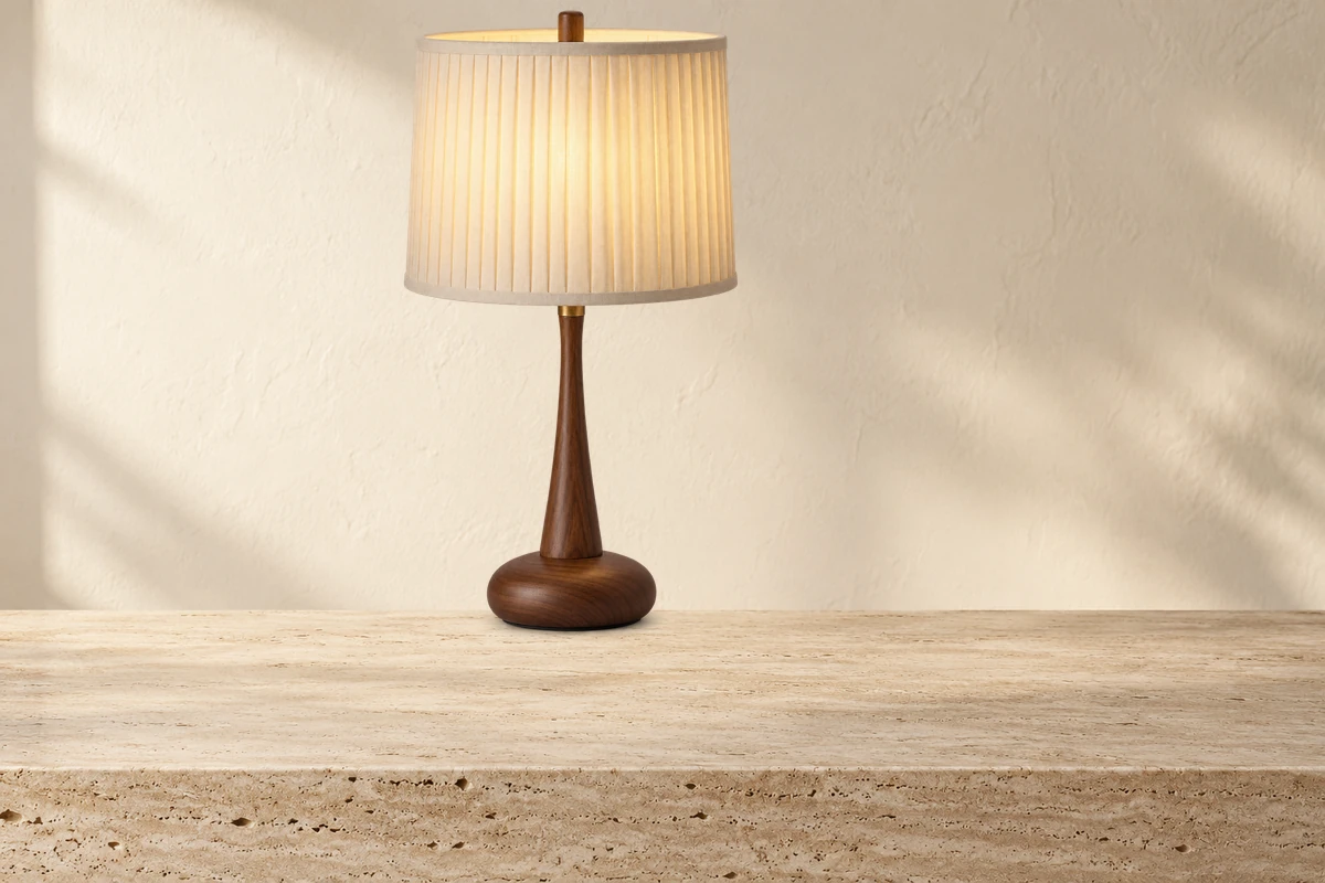 Same warm walnut table lamp against plain studio and premium interior backdrops
