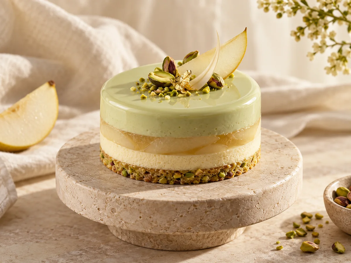 Pear and pistachio pastry on a limestone pedestal in a warm bakery campaign photograph