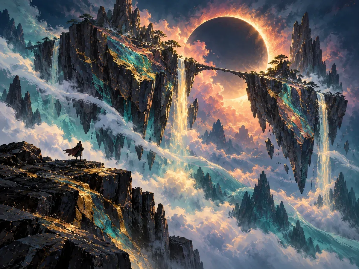 Painterly concept art of fractured floating islands beneath a glowing eclipse