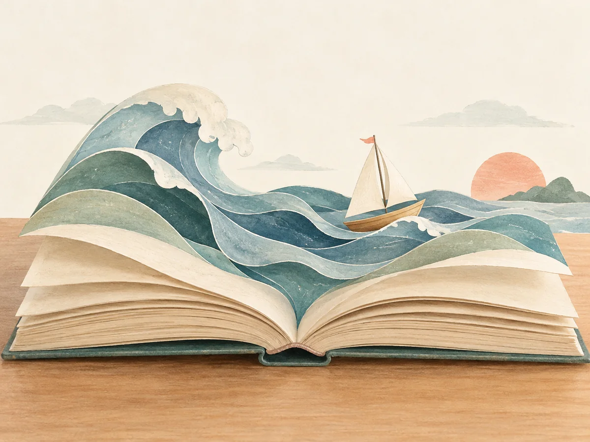 Open book with pages becoming ocean waves and a tiny sailboat in a paper-cut illustration