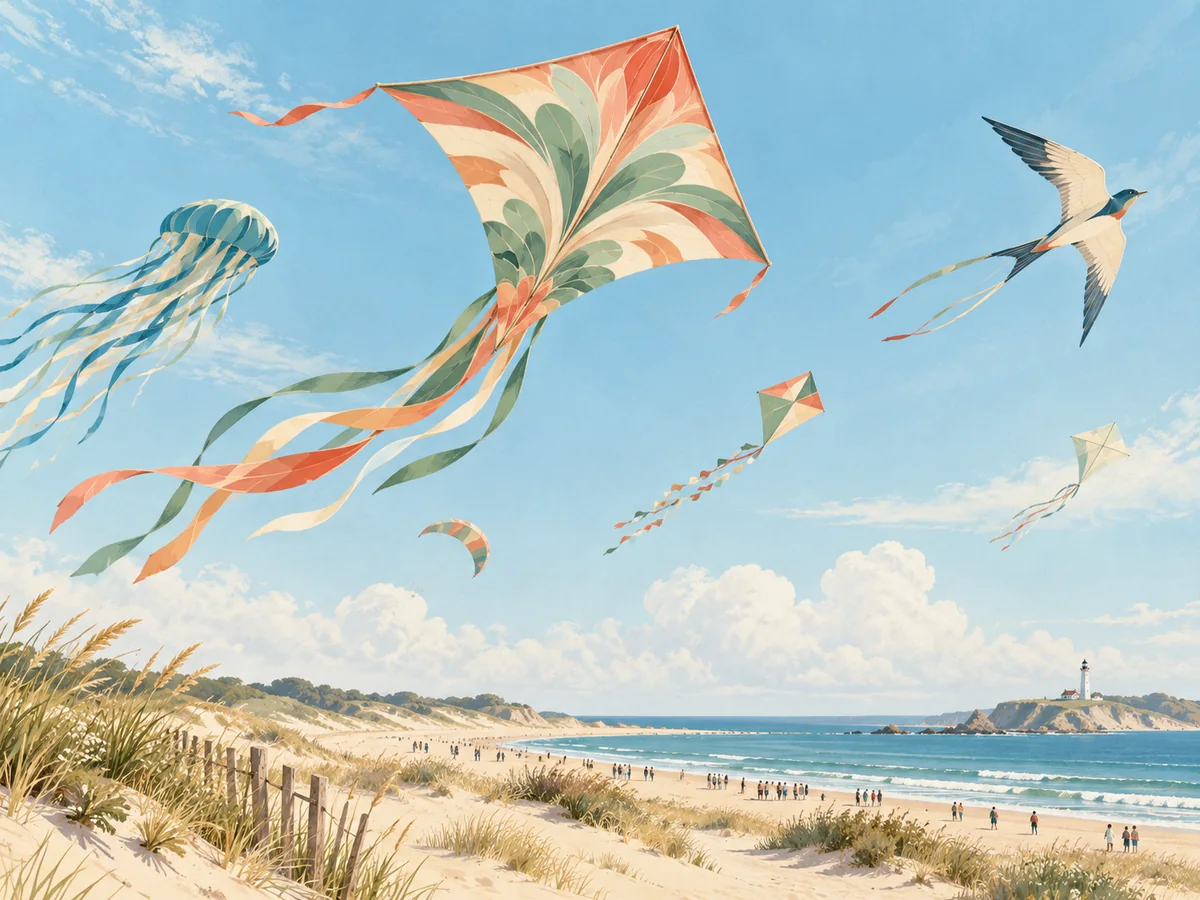 Illustrated coral and sage kites above a beach for a coastal event poster