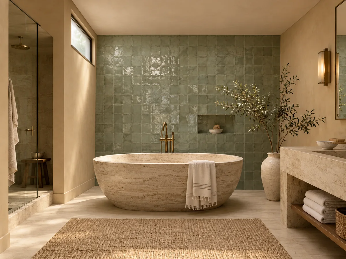 Enclosed contemporary spa bathroom with travertine bathtub, sage tiles, and a high frosted window