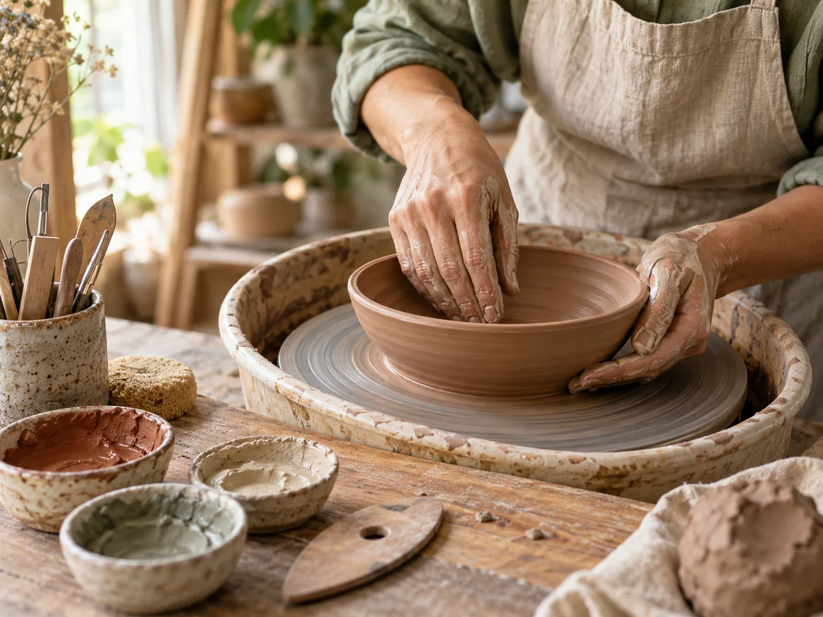 Potter’s hands shaping a terracotta bowl on a wheel in a sunlit studio