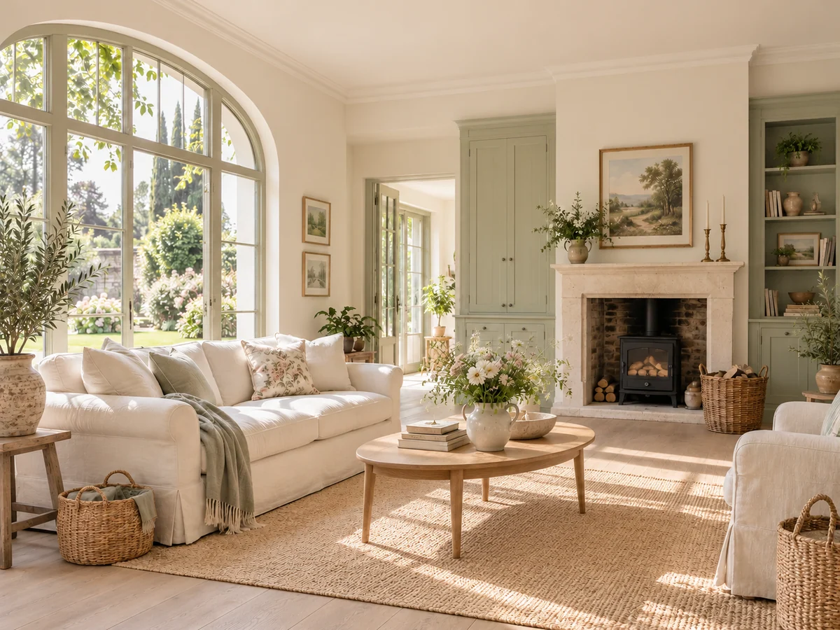 Airy country living room with a smooth white ceiling, cream sofa, sage cabinetry, and oval oak coffee table