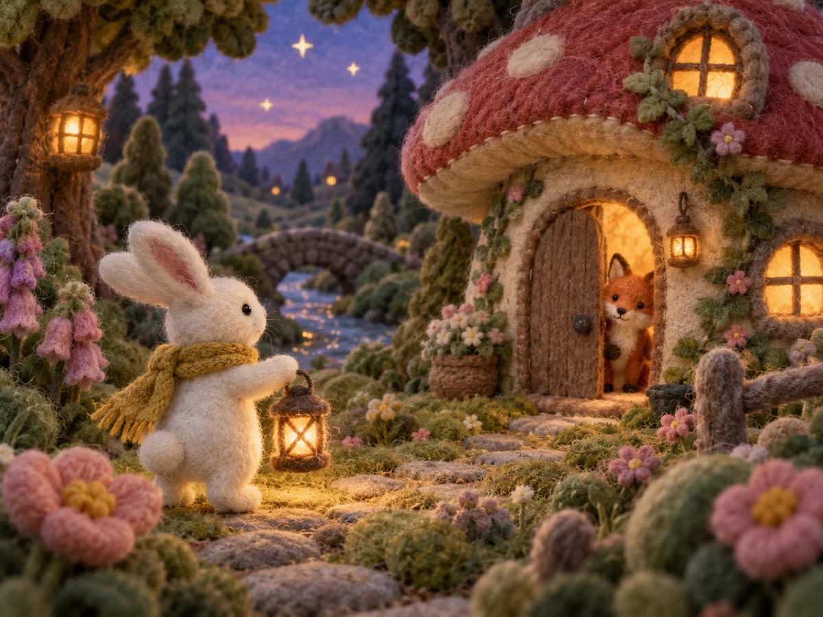 Needle-felt rabbit carrying a lantern toward a glowing mushroom cottage