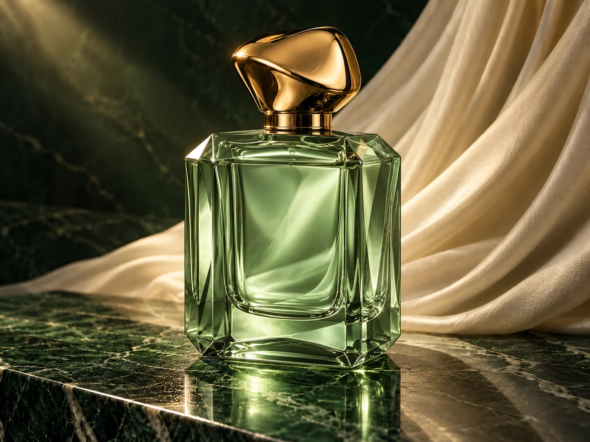 Transparent pale sage-green glass perfume bottle with a gold cap beside ivory silk