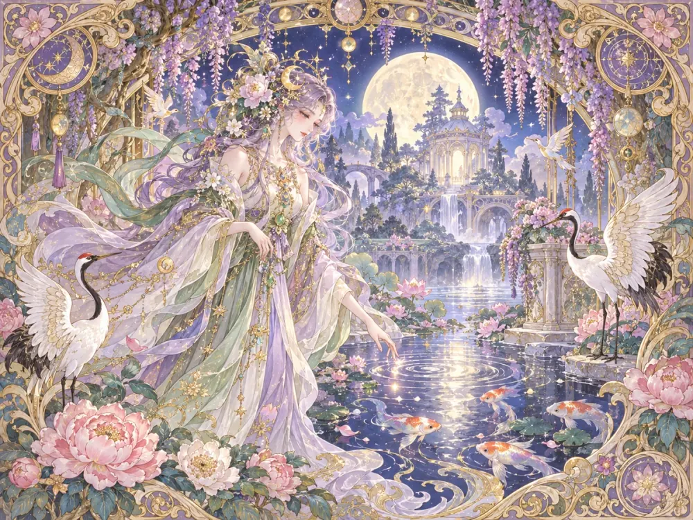 Celestial muse beside a moonlit koi pond, surrounded by cranes, flowers, and ornate gold filigree