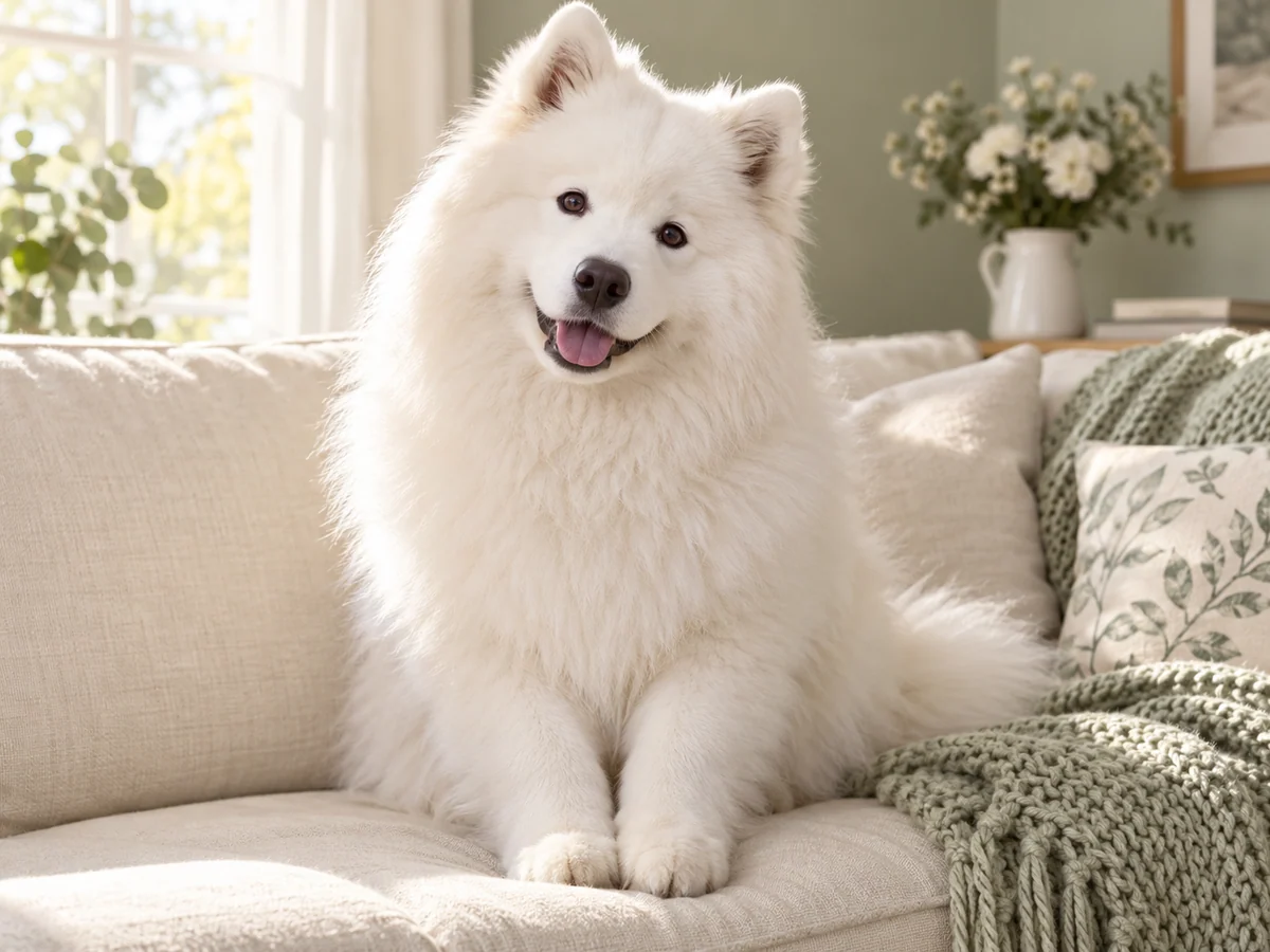Smiling white Samoyed sitting neatly on a cream sofa in a cozy sunlit room