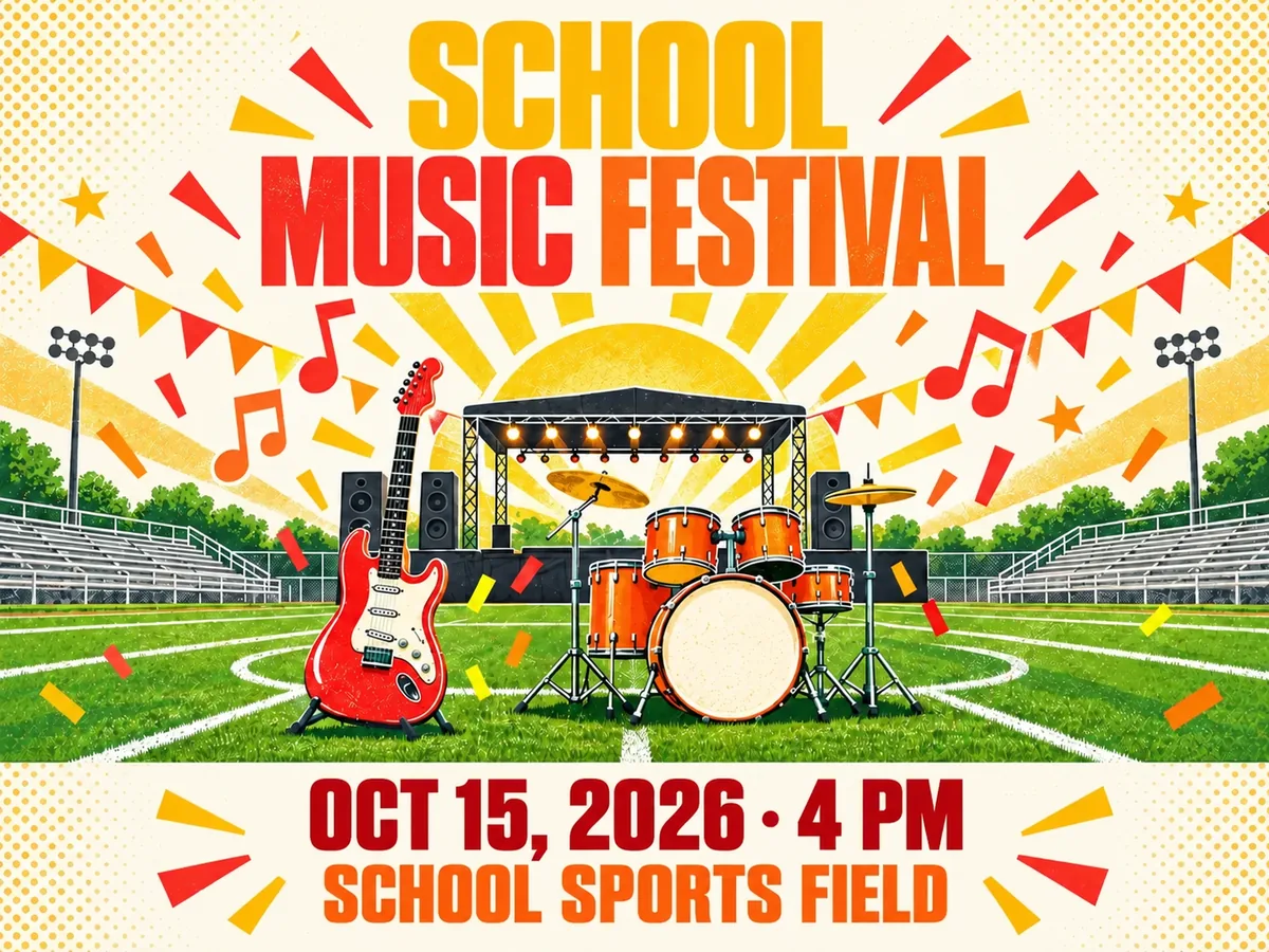 Orange-red school music festival poster with a guitar and drums on an empty school sports field