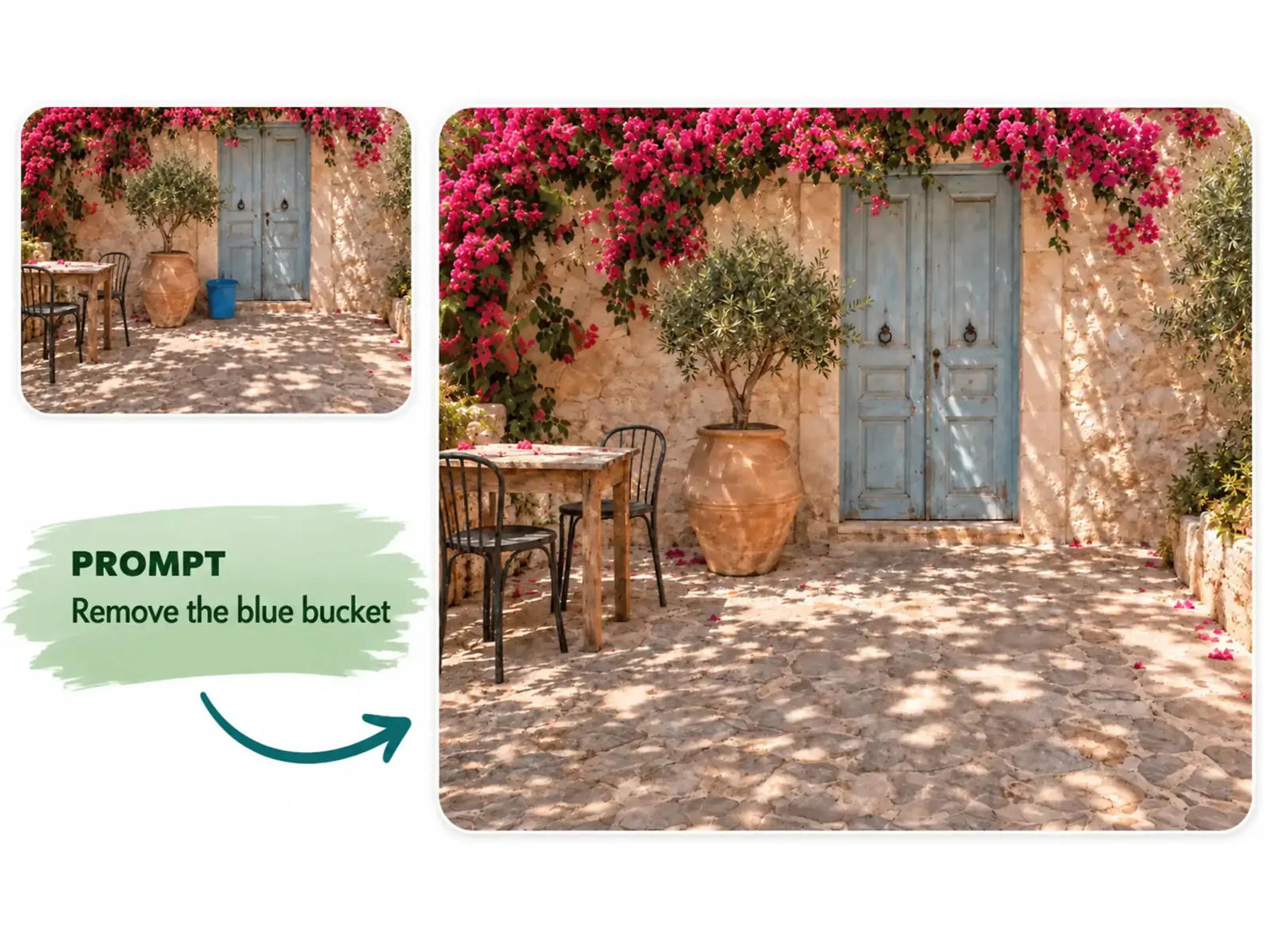 AI photo editor example: a blue bucket removed from a Mediterranean courtyard