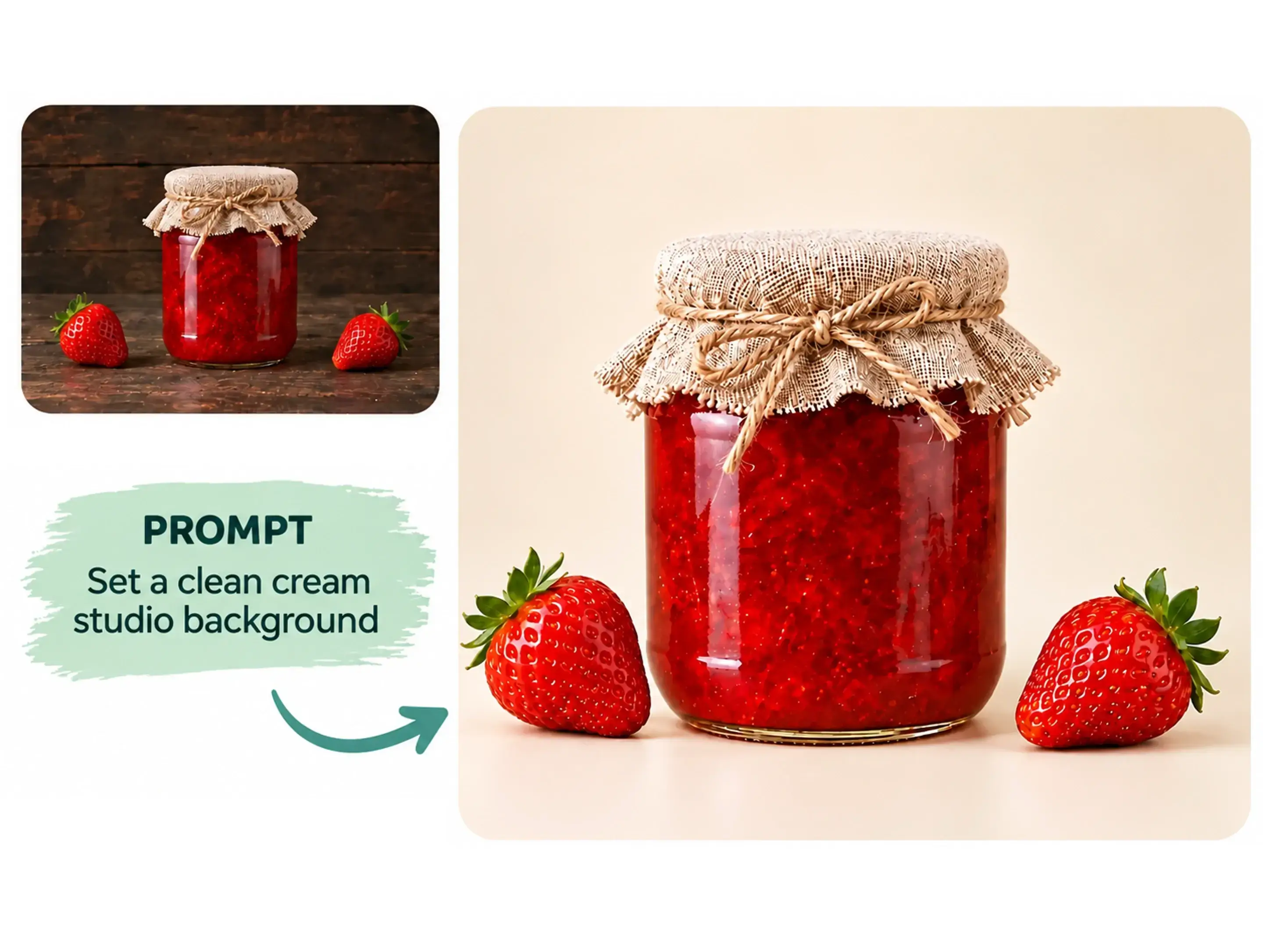 AI photo editor example: strawberry jam photographed in a cream studio