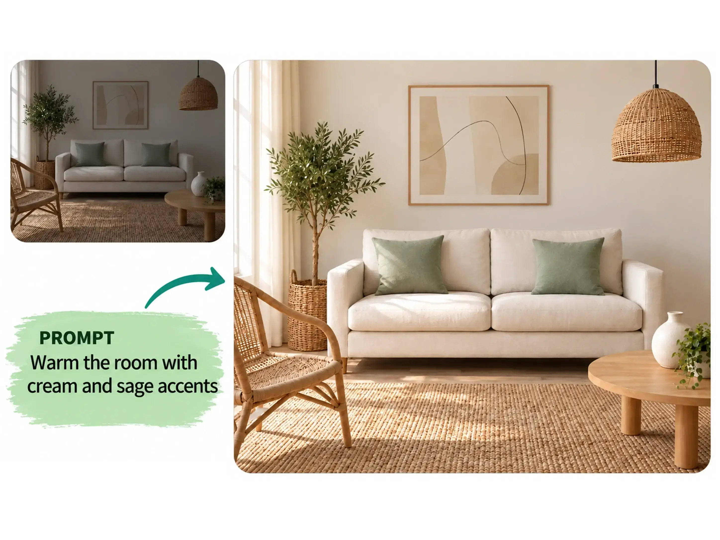 AI photo editor example: a room redesigned with warm cream and sage accents