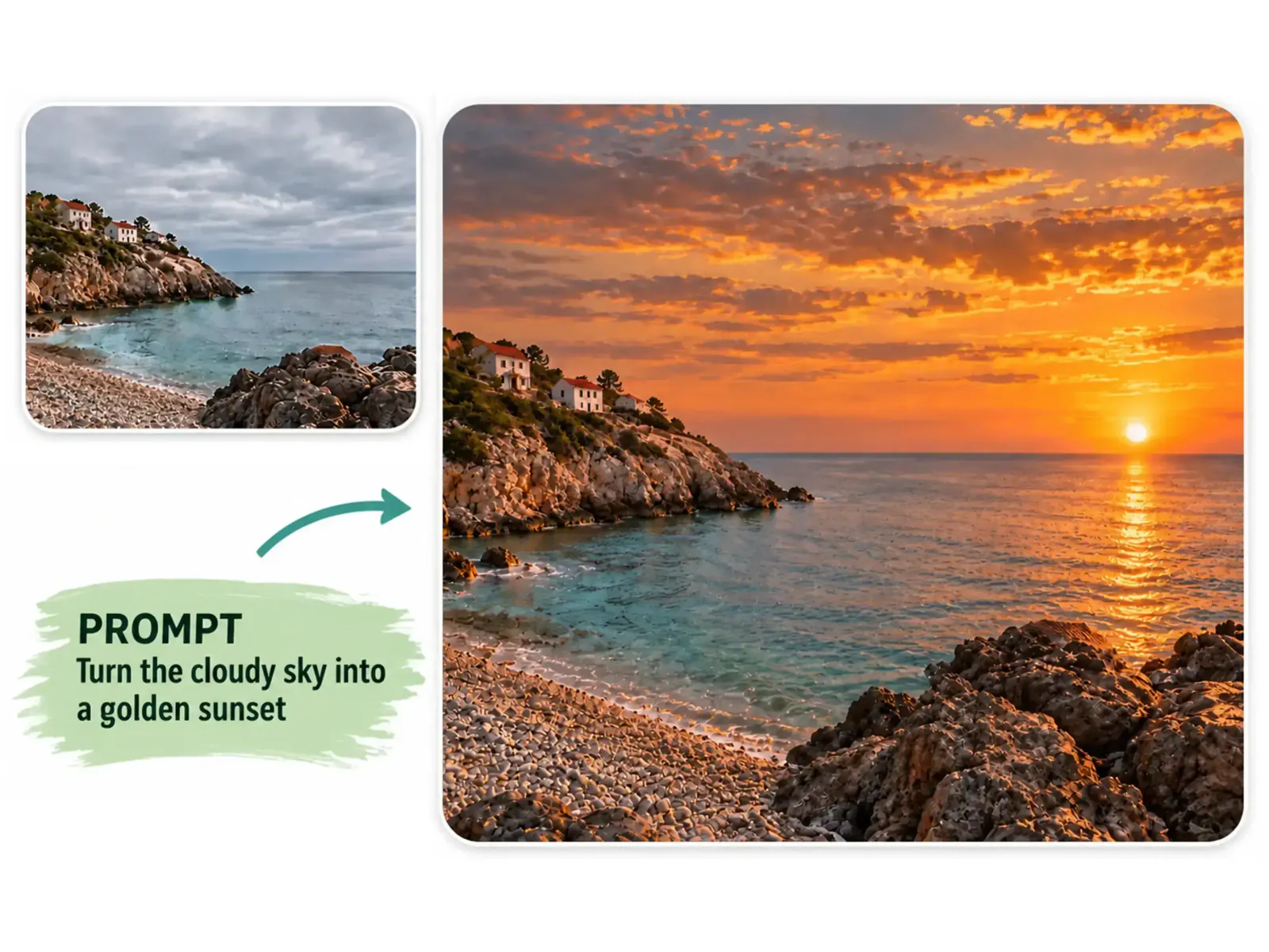 AI photo editor example: a cloudy coast transformed into a golden sunset