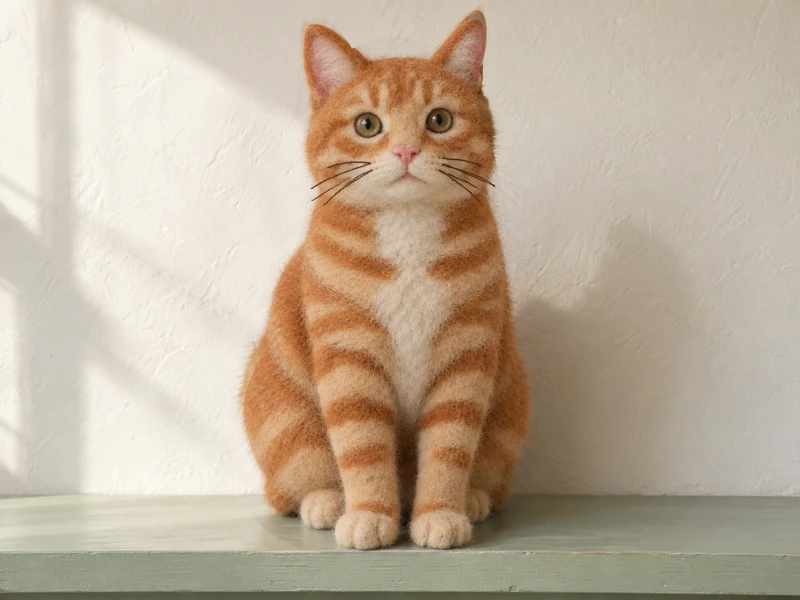 Gato atigrado rojo real convertido en gato de fieltro de lana hecho a mano